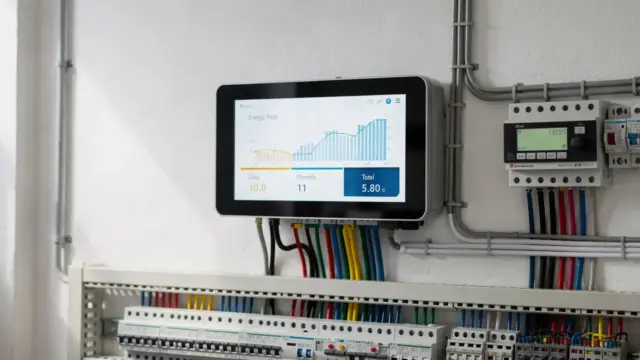 Wechselrichter-Display mit Ertragsdaten für Tages-, Monats- und Gesamtwerte einer PV-Anlage