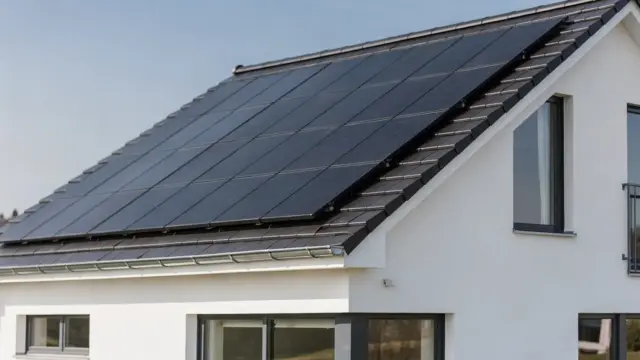 Dachintegrierte Solarmodule ersetzen die Dacheindeckung auf einem schrägen Hausdach.