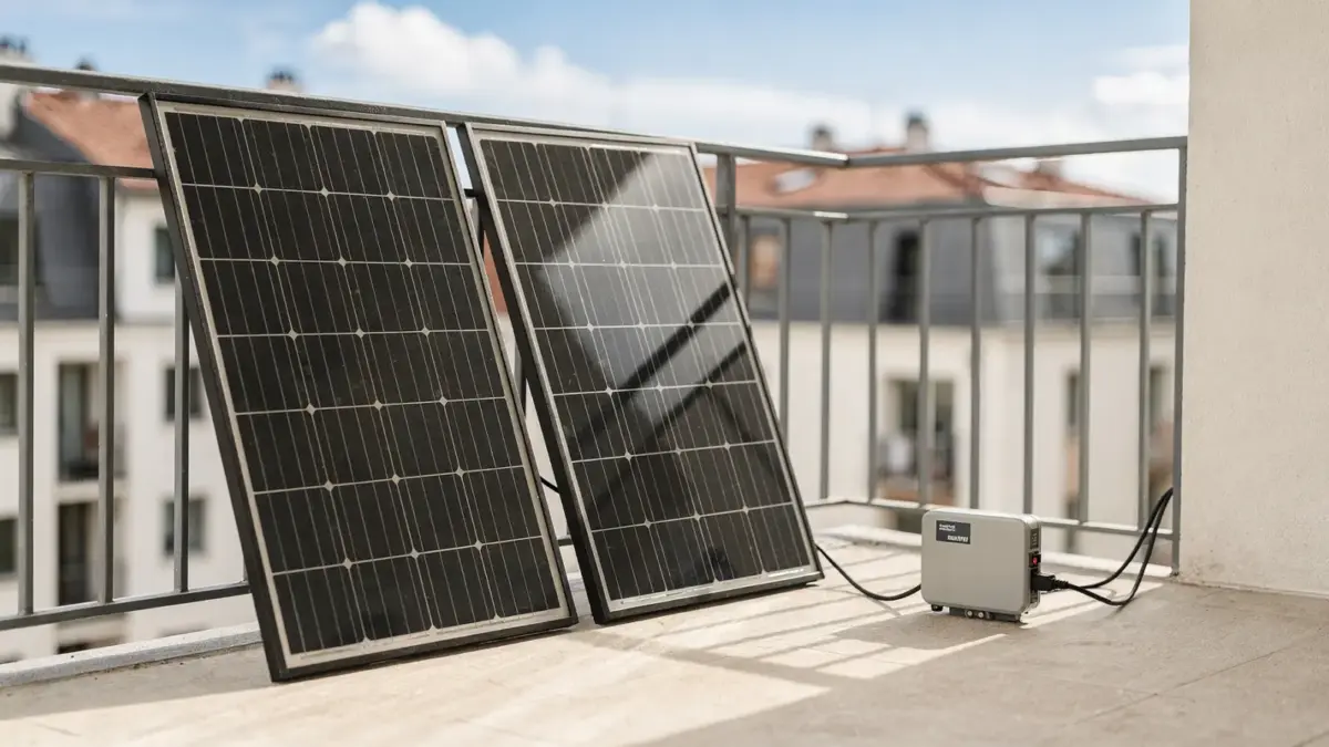 Balkonkraftwerk mit zwei Solarmodulen auf einem Balkon und angeschlossenem Wechselrichter