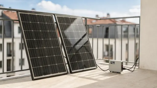 Balkonkraftwerk mit zwei Solarmodulen auf einem Balkon und angeschlossenem Wechselrichter