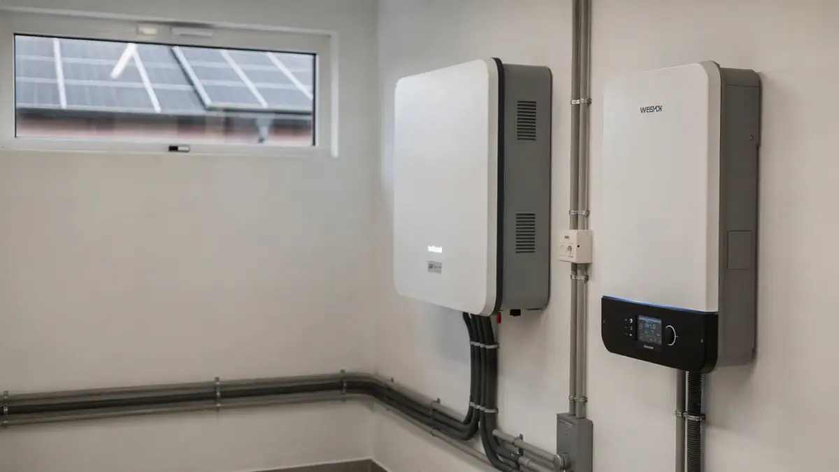 PV-Anlage mit Hybridwechselrichter und Batteriespeicher in einem Technikraum