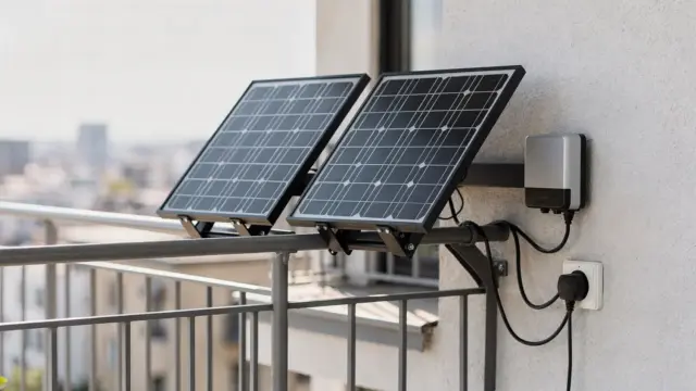 Balkonkraftwerk mit Solarmodulen, Wechselrichter und Anschlusskabel auf einem Balkon