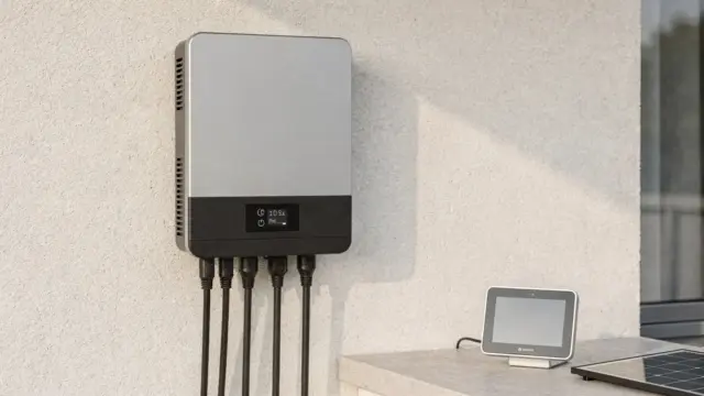 Balkonkraftwerk-Wechselrichter mit Solarmodul-Anschlüssen an einer Hauswand.
