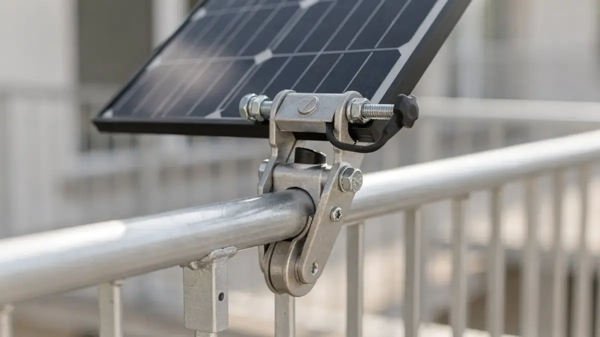 Balkonkraftwerk-Halterung am Balkongeländer mit montiertem Solarmodul und Befestigungselementen