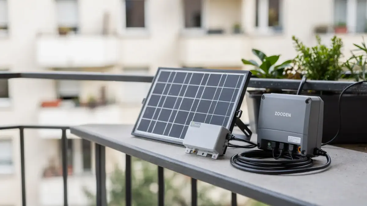 Balkonkraftwerk-Set mit Solarmodul, Wechselrichter und Anschlusskabel auf einem Balkon
