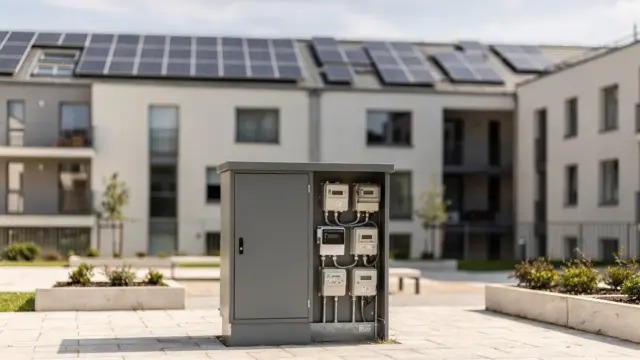Mehrfamilienhaus mit Solarmodulen auf dem Dach und Stromzähler im Flur zum Mieterstrommodell