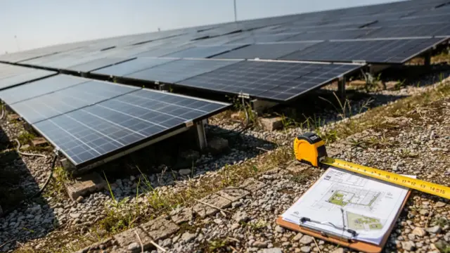 Freiflächen-Photovoltaik auf einem vermessenen Grundstück mit Reihenabstand und Maßband