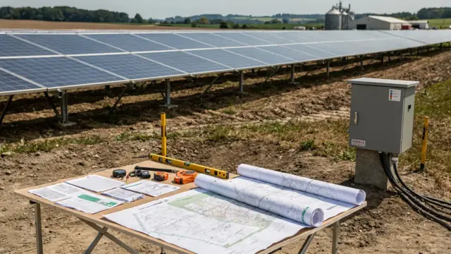 Solarpark auf freiem Acker mit Photovoltaikreihen, Planunterlagen und Messwerkzeug neben einem Netzanschlussschrank.