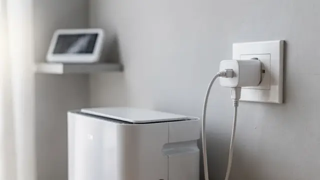 Smart Plug in einer Steckdose neben einem angeschlossenen Haushaltsgerät zum Thema Solarstrom-Steuerung