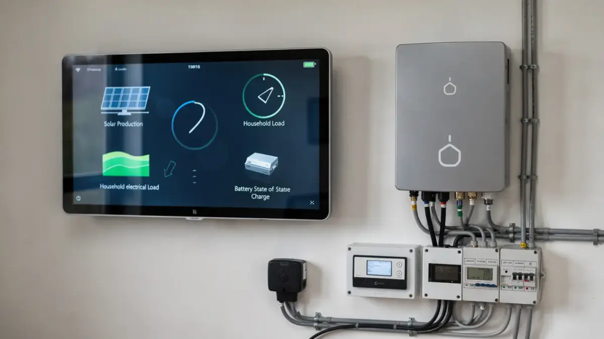 Steuerzentrale für Solarstrom mit Bildschirm, Wechselrichter und Smart-Home-Modulen in einem Technikraum.