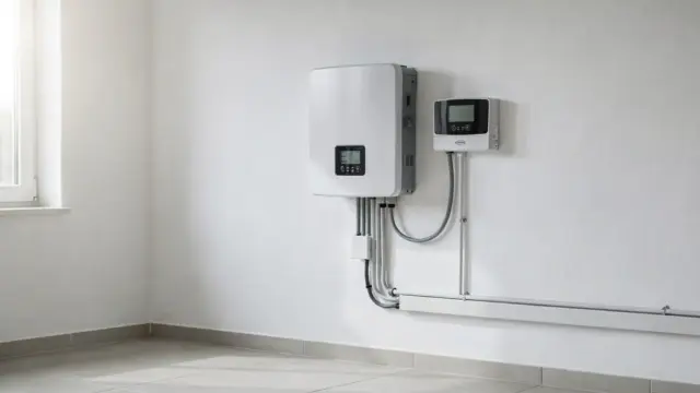 Wallmontierter Stromspeicher neben Wechselrichter in einem Hauswirtschaftsraum der PV-Anlage