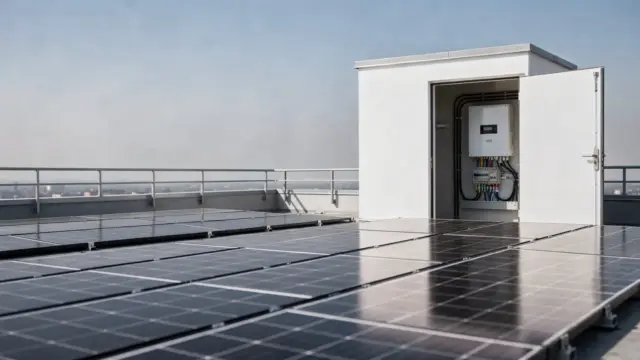 Dach mit Photovoltaikmodulen und Wechselrichter im Technikraum zum Thema Kauf oder Miete einer Solaranlage