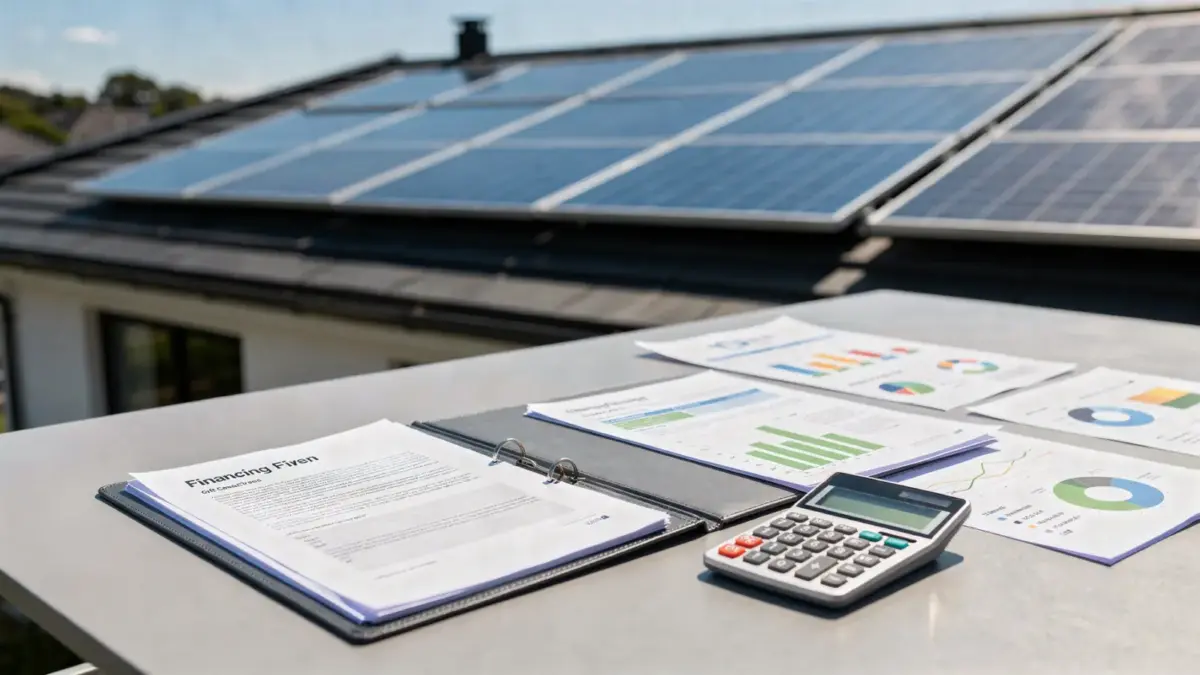 Photovoltaikanlage auf einem Dach neben Unterlagen, Taschenrechner und Finanzierungsdokumenten