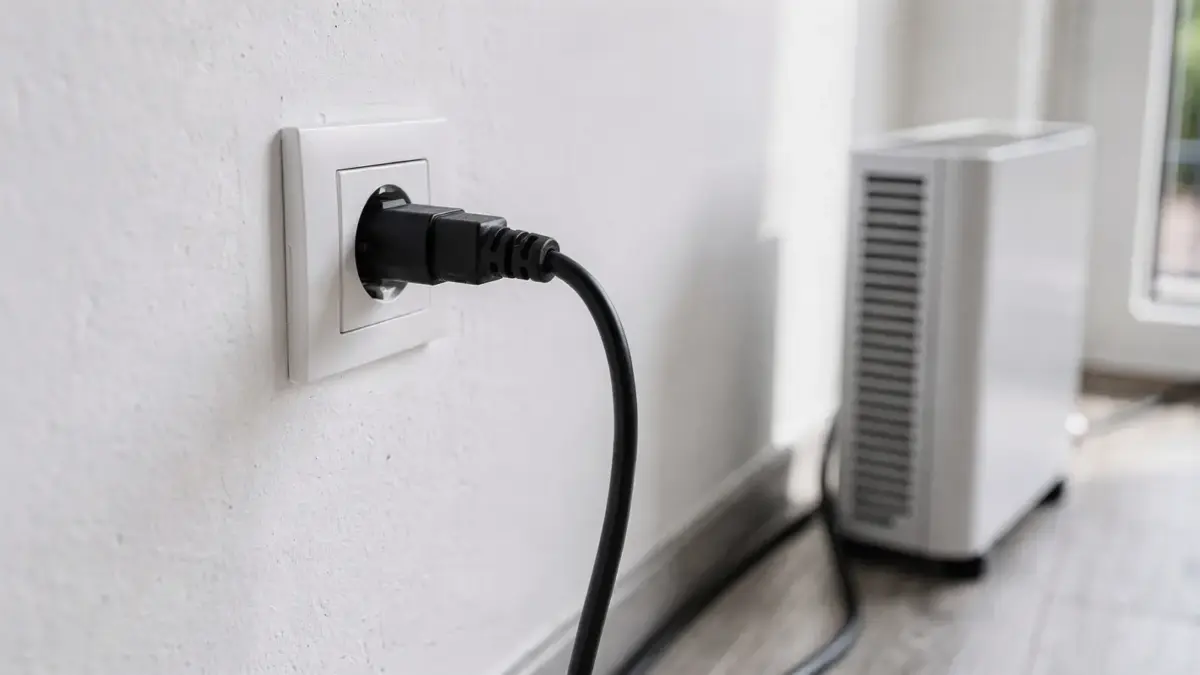 Stecker eines Balkonkraftwerks in einer Haushaltssteckdose neben Kabel und Wechselrichter