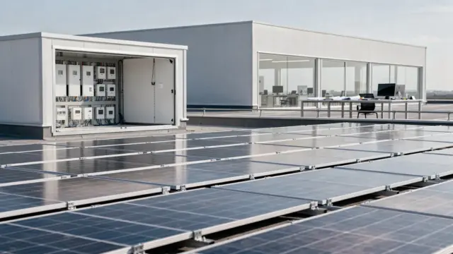 Gewerbliche Photovoltaikanlage auf einem Firmendach mit mehreren Solarmodulen und Technikraum.