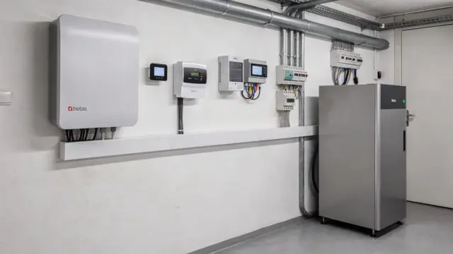 Energiemanagementsystem mit Wechselrichter, Smart Meter und Speicher in einem Hauswirtschaftsraum