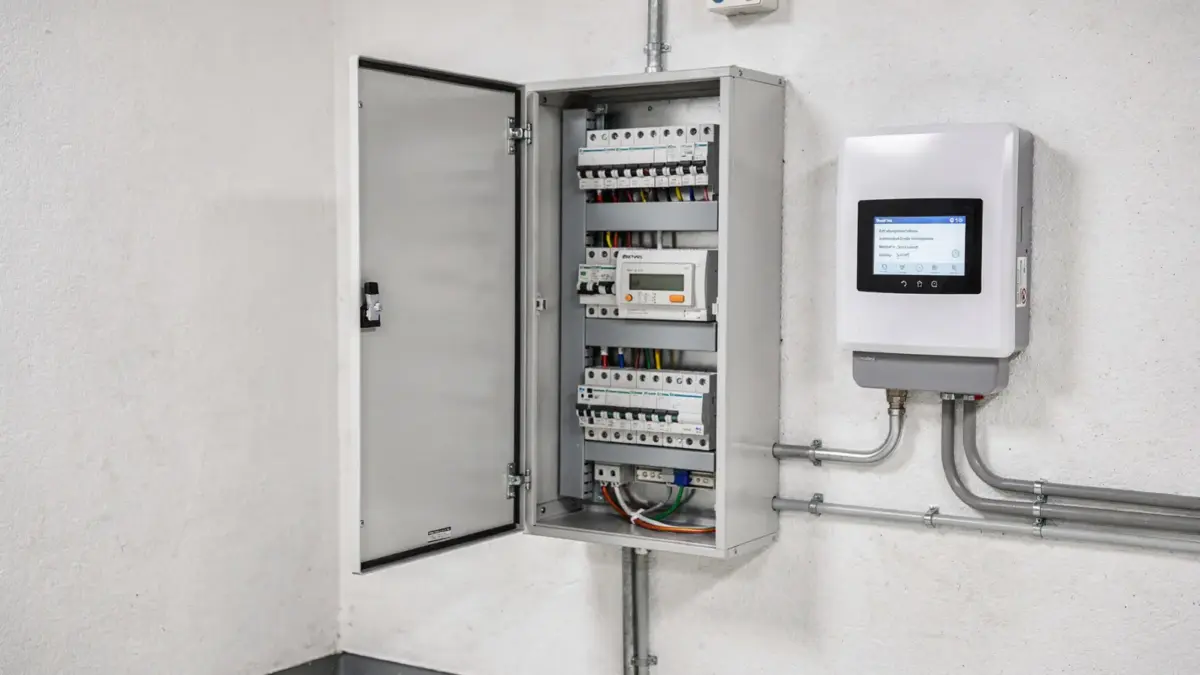 Smart Meter im Zählerschrank neben PV-Wechselrichter und Energietechnik in einem Hausanschlussraum
