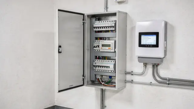 Smart Meter im Zählerschrank neben PV-Wechselrichter und Energietechnik in einem Hausanschlussraum