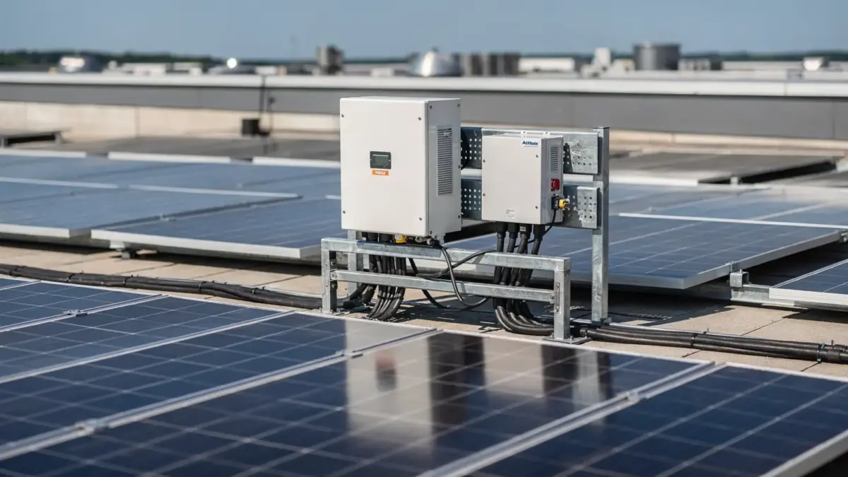 Dach mit Solarmodulen und Wechselrichter in einer PV-Anlage zur Einspeisevergütung