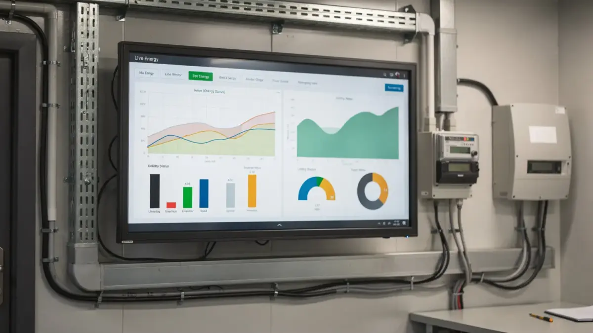 Technikerraum mit Monitoring-Display für eine gewerbliche PV-Anlage und dargestellten Ertragskurven