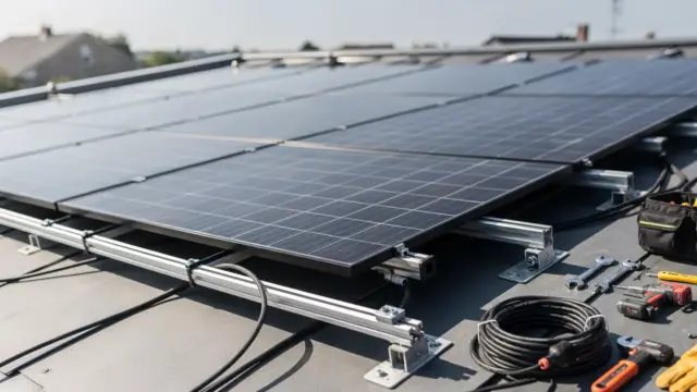 Dachmontage einer Solaranlage mit Modulen und Werkzeug auf einem Wohnhausdach