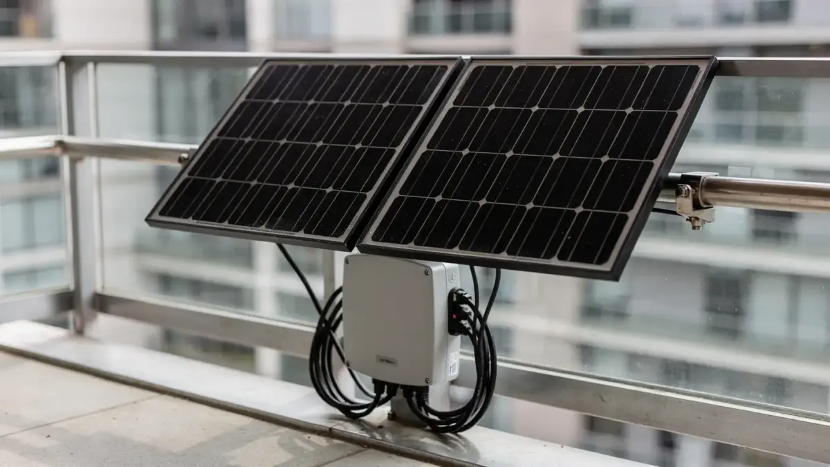 Balkonkraftwerk auf einem Balkon mit Solarmodulen, Wechselrichter und Stromkabeln.