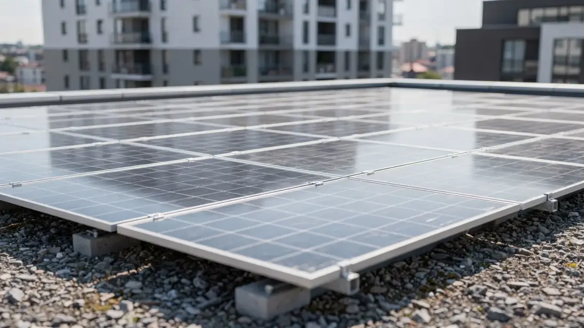 Dach eines Mehrfamilienhauses mit Photovoltaikanlage und Eigentumswohnungen im Hintergrund