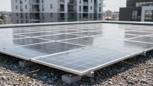 Dach eines Mehrfamilienhauses mit Photovoltaikanlage und Eigentumswohnungen im Hintergrund