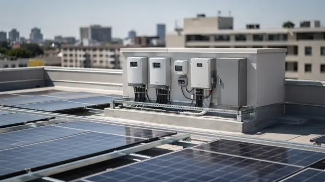 Dach-Photovoltaikanlage auf einem Mehrfamilienhaus mit Technikraum für die WEG-PV.