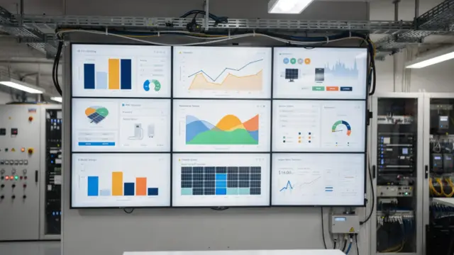 PV-Monitoring-System in einer Gewerbeanlage mit Diagrammen und Statusanzeigen zur Überwachung der Solaranlage