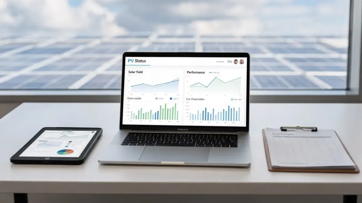 Laptop mit PV-Monitoring und Ertragskurve neben Solarunterlagen; im Hintergrund unscharfe Solarmodule