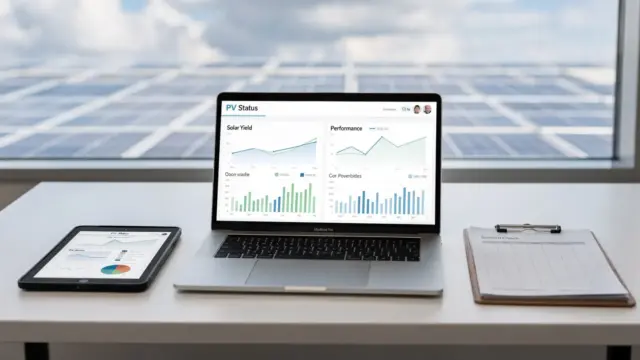 Laptop mit PV-Monitoring und Ertragskurve neben Solarunterlagen; im Hintergrund unscharfe Solarmodule