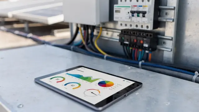 Smartphone mit Monitoring-App neben Solaranlagen-Komponenten zur Ertragskontrolle