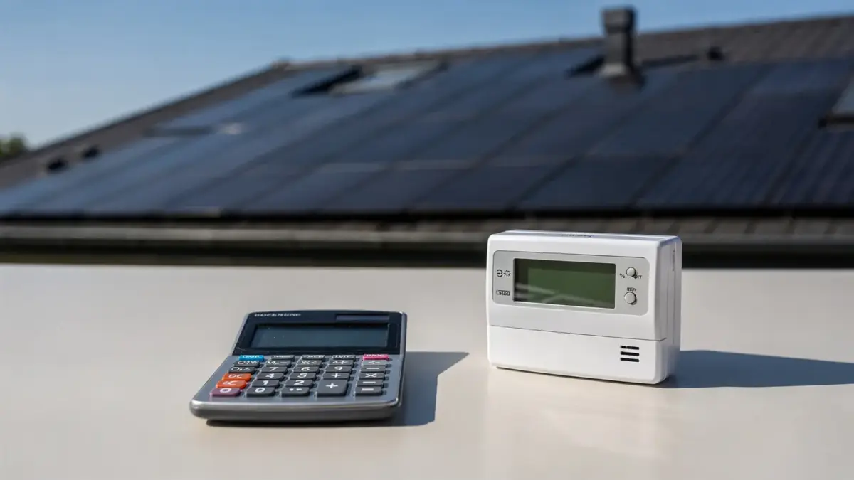 Solaranlage auf einem Hausdach mit Stromzähler und Taschenrechner zur Amortisationszeit