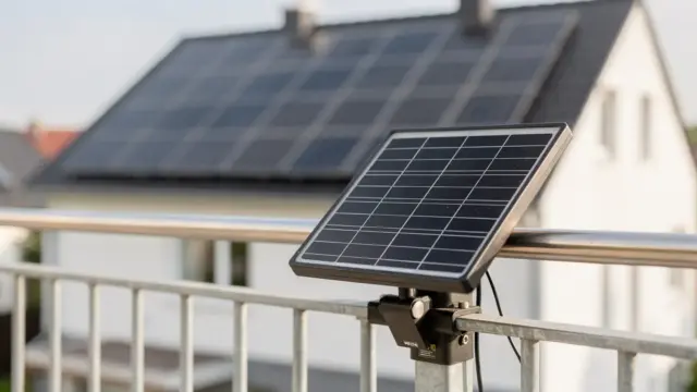 Balkonkraftwerk am Balkongeländer vor einem Wohnhaus mit Solarmodulen auf dem Dach