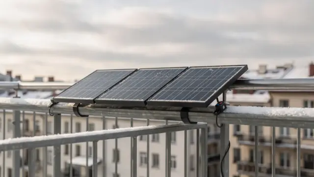 Balkonkraftwerk an einem Balkon bei winterlichem Himmel mit tief stehender Sonne