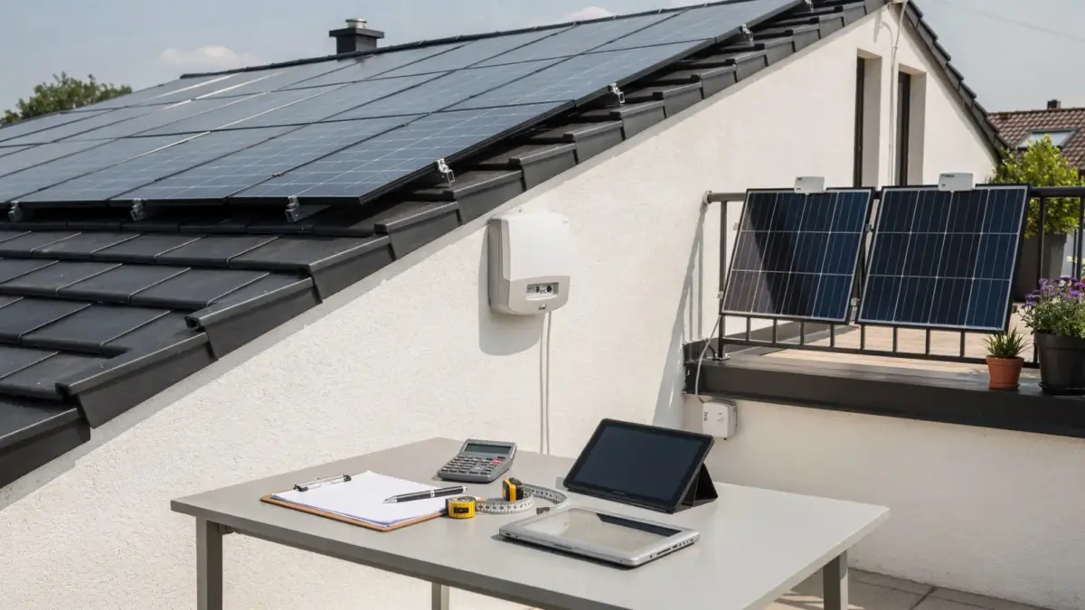 Solarmodule auf einem Hausdach mit Wechselrichter und Stromzähler zum Thema Investitionskosten bei Solarstrom