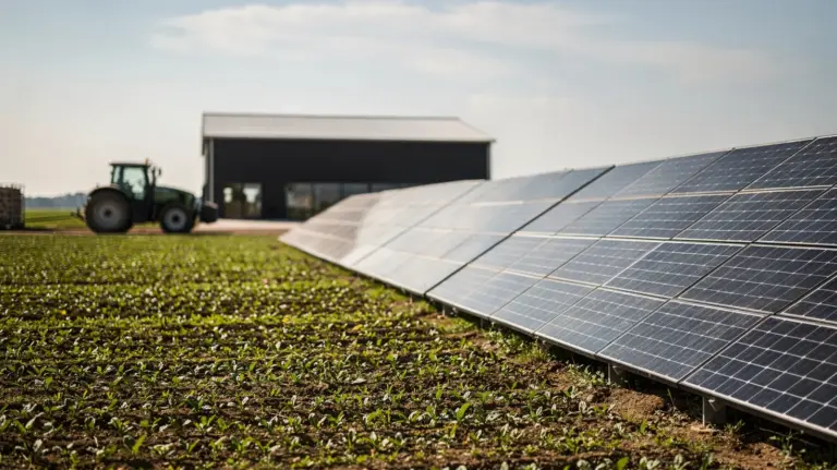 Photovoltaikanlage auf einem landwirtschaftlichen Betrieb mit Ackerflächen und Scheune