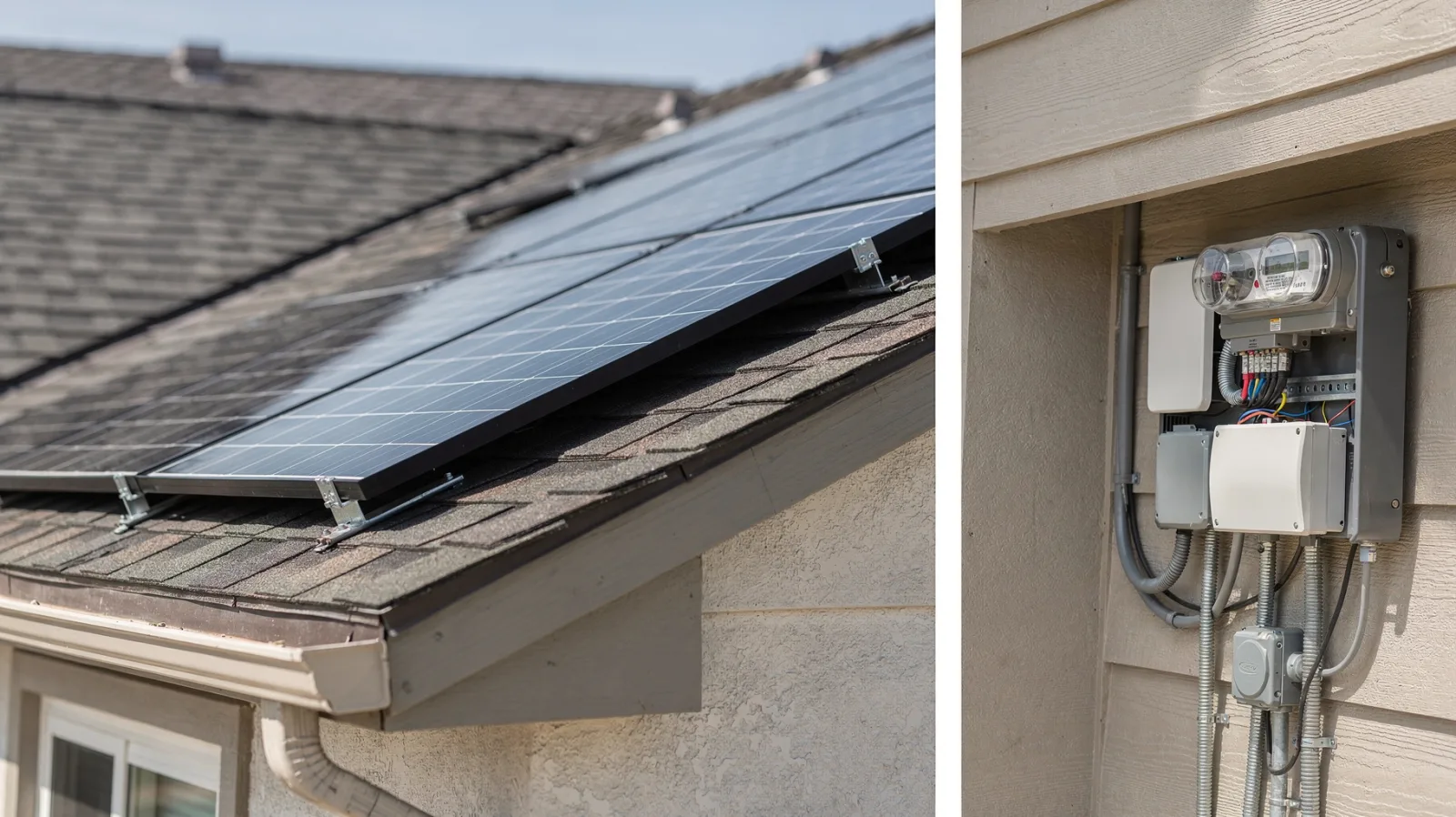Solaranlage auf dem Dach eines Einfamilienhauses mit Solarmodulen und Wechselrichter.