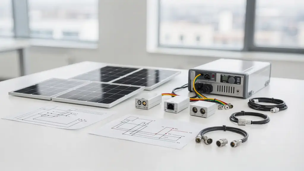 Solarpanel, Wechselrichter und technische Unterlagen zum PV-Lexikon auf einem hellen Tisch